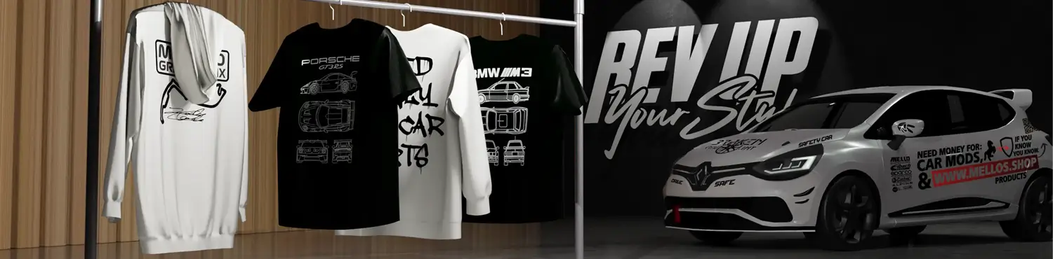 Website banner with stores car and clothes hanger