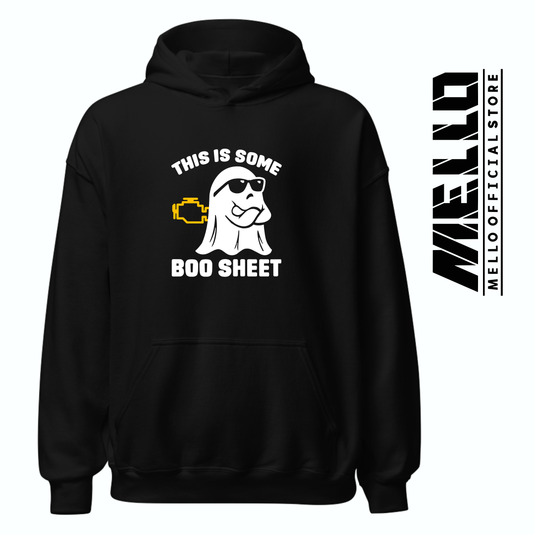 This Is Some Boo-Sheet Black hoodie with a ghost and a check engine light - Mello's Shop