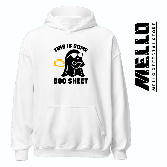 This Is Some Boo-Sheet white Hoodie with a ghost and check engine light design - Mello's Shop