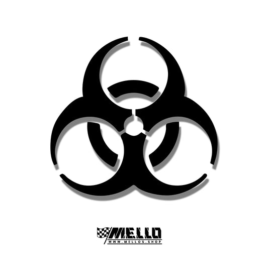 Black biohazard symbol with grey shadow on a white background, with MELLO branding below