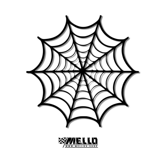 Black spiderweb design with grey shadow on a white background and MELLO branding below